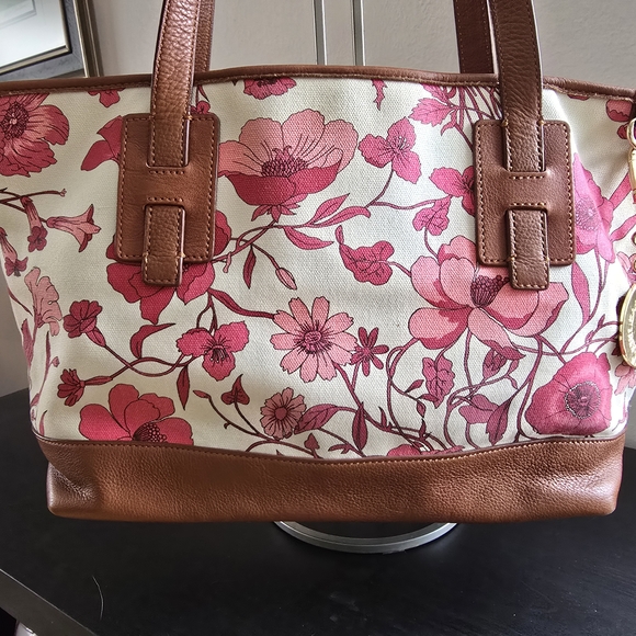 Isaac Mizrahi Pink Floral Canvas Tote with Brown Leather Accents - Picture 6 of 7